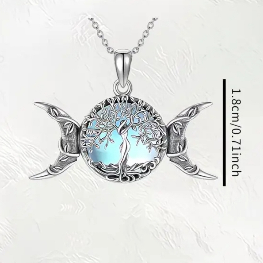 Silver Tone Triple Moon Goddess with a Center Tree Of Life Necklace - Picture 2 of 5